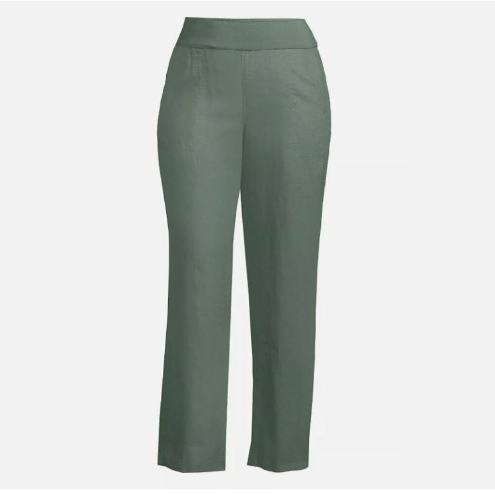 Lands End Mid Rise Olive Green linen pull on wide leg pants. Size 18